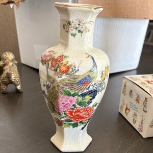 Japanese Floral Ceramic Vase with Peacock Design